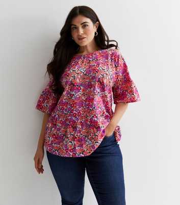 Curves Red Floral Puff Sleeve Peplum Top