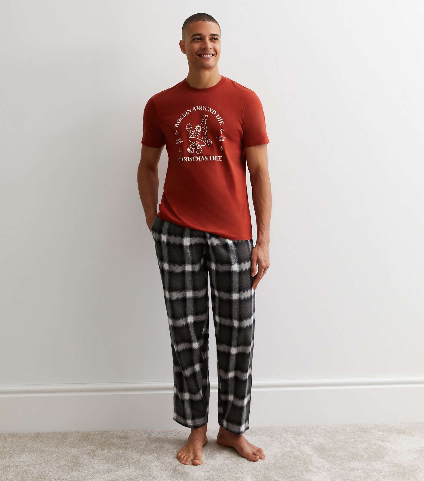 Red Cotton Trouser Pyjama Set with Christmas Tree Logo Image 3