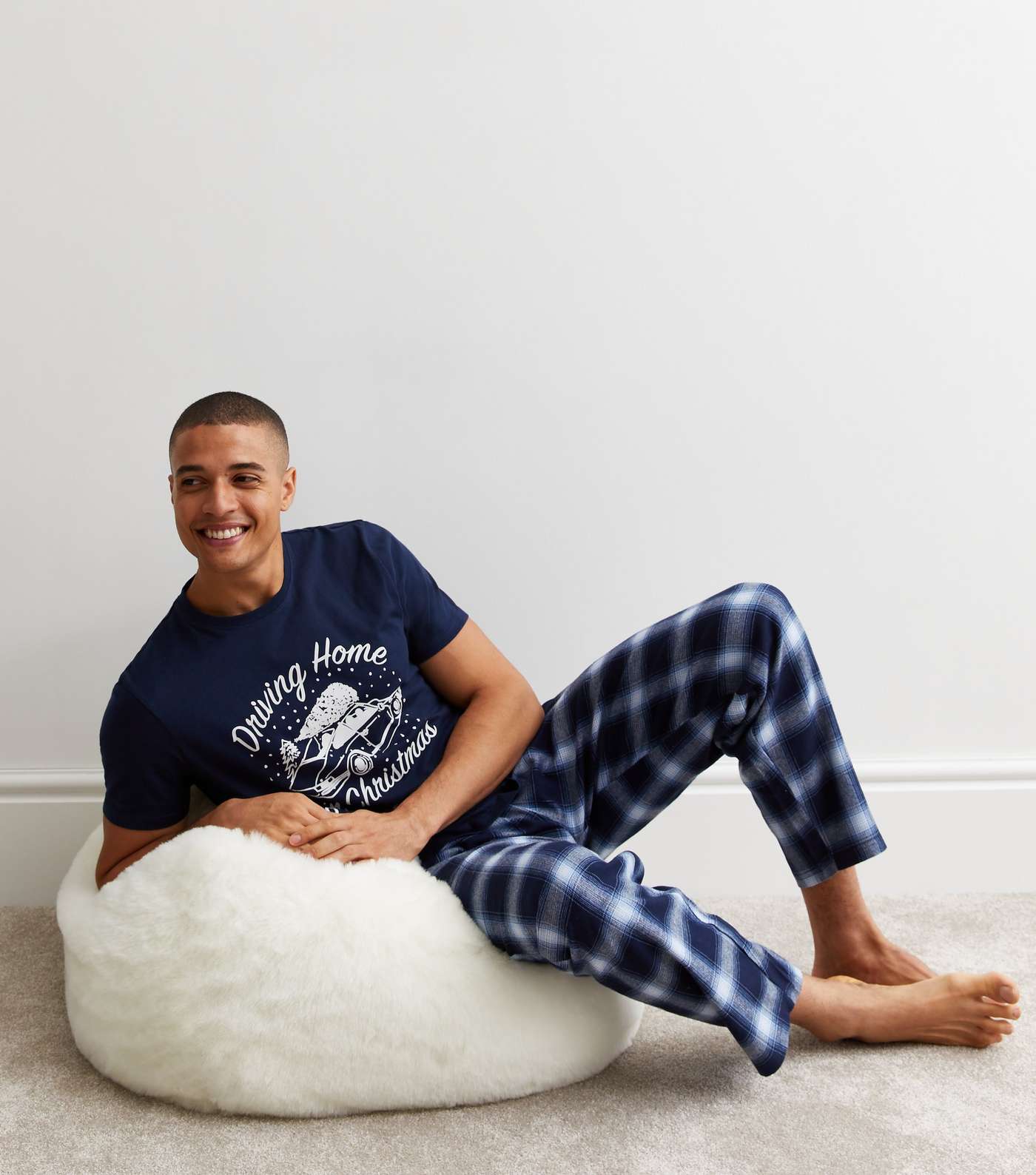 Navy Cotton Trouser Pyjama Set with Driving Home For Christmas Logo