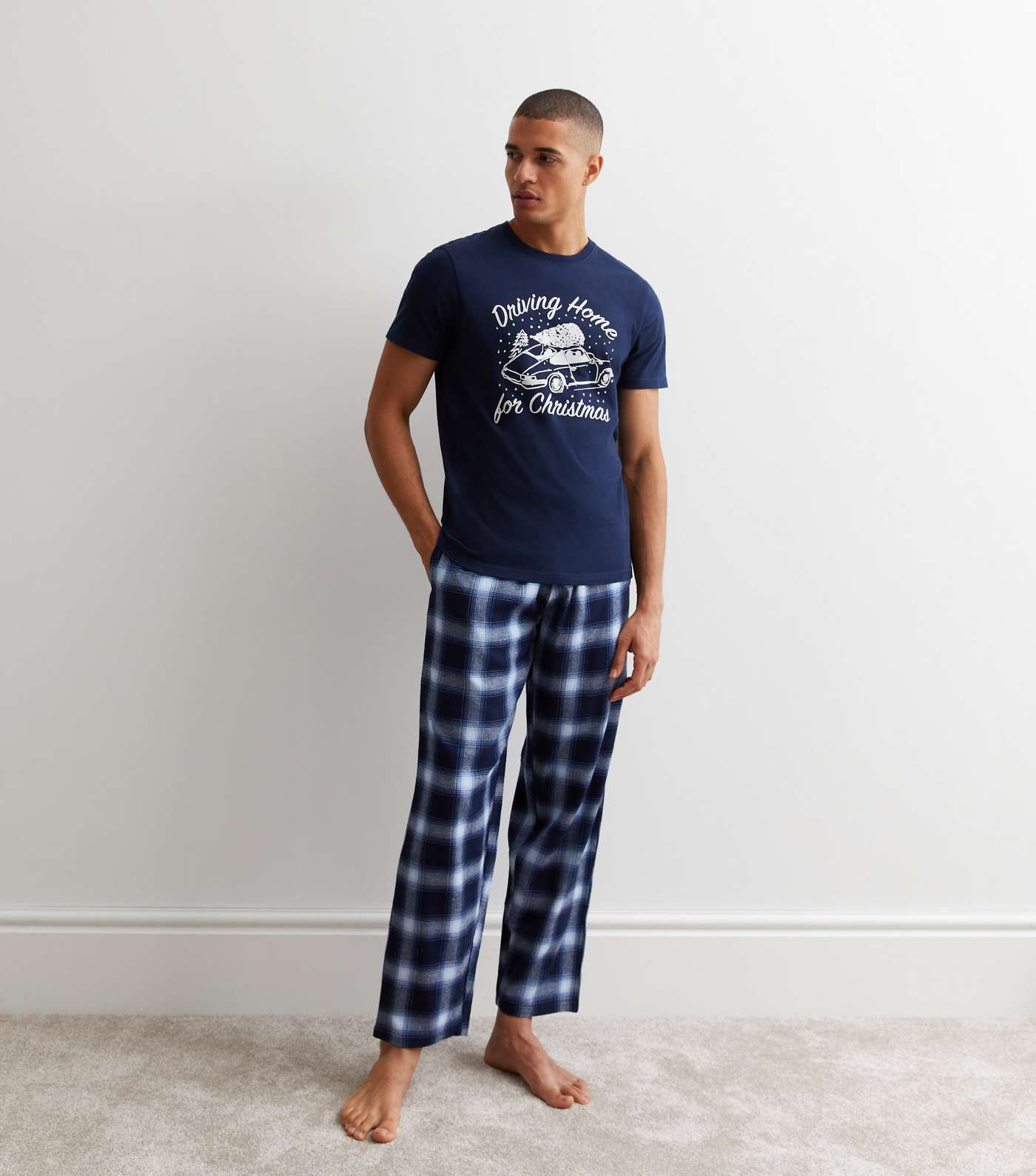 Navy Cotton Trouser Pyjama Set with Driving Home For Christmas Logo Image 3