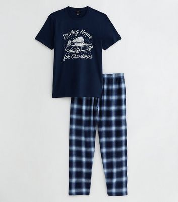 Men's Navy Cotton Trouser Pyjama Set with Driving Home For Christmas Logo New Look