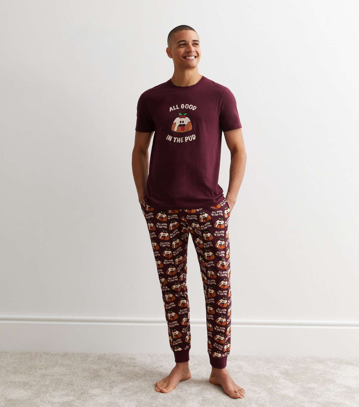 Burgundy Cotton Cuffed Jogger Pyjama Set with Christmas Pudding Print Image 3