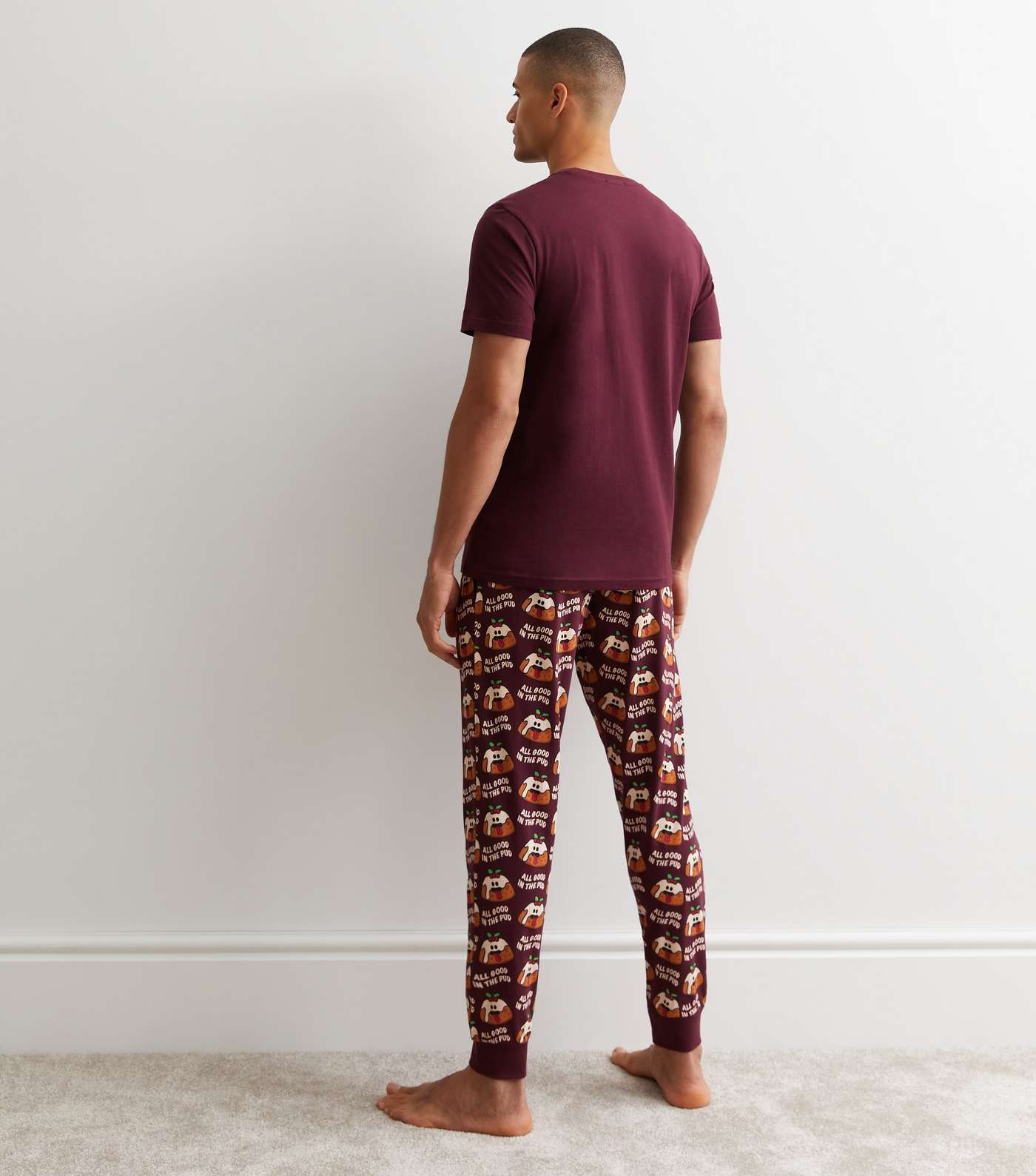 Burgundy Cotton Cuffed Jogger Pyjama Set with Christmas Pudding Print Image 5