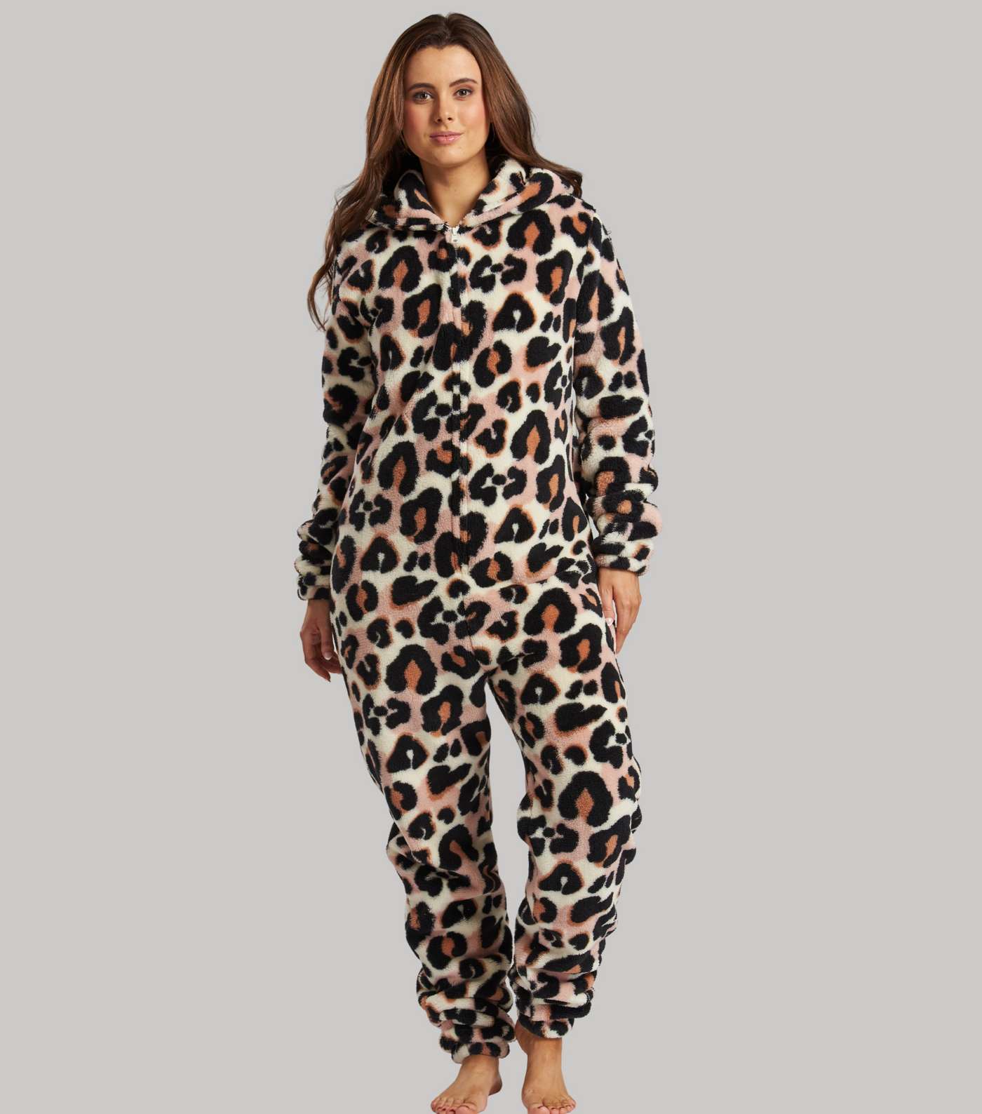 Loungeable Brown Leopard Print Faux Fur Hooded Onesie Image 2