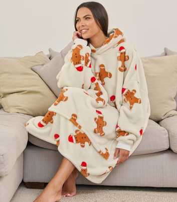 Loungeable Off White Gingerbread Print Fleece Blanket Hoodie