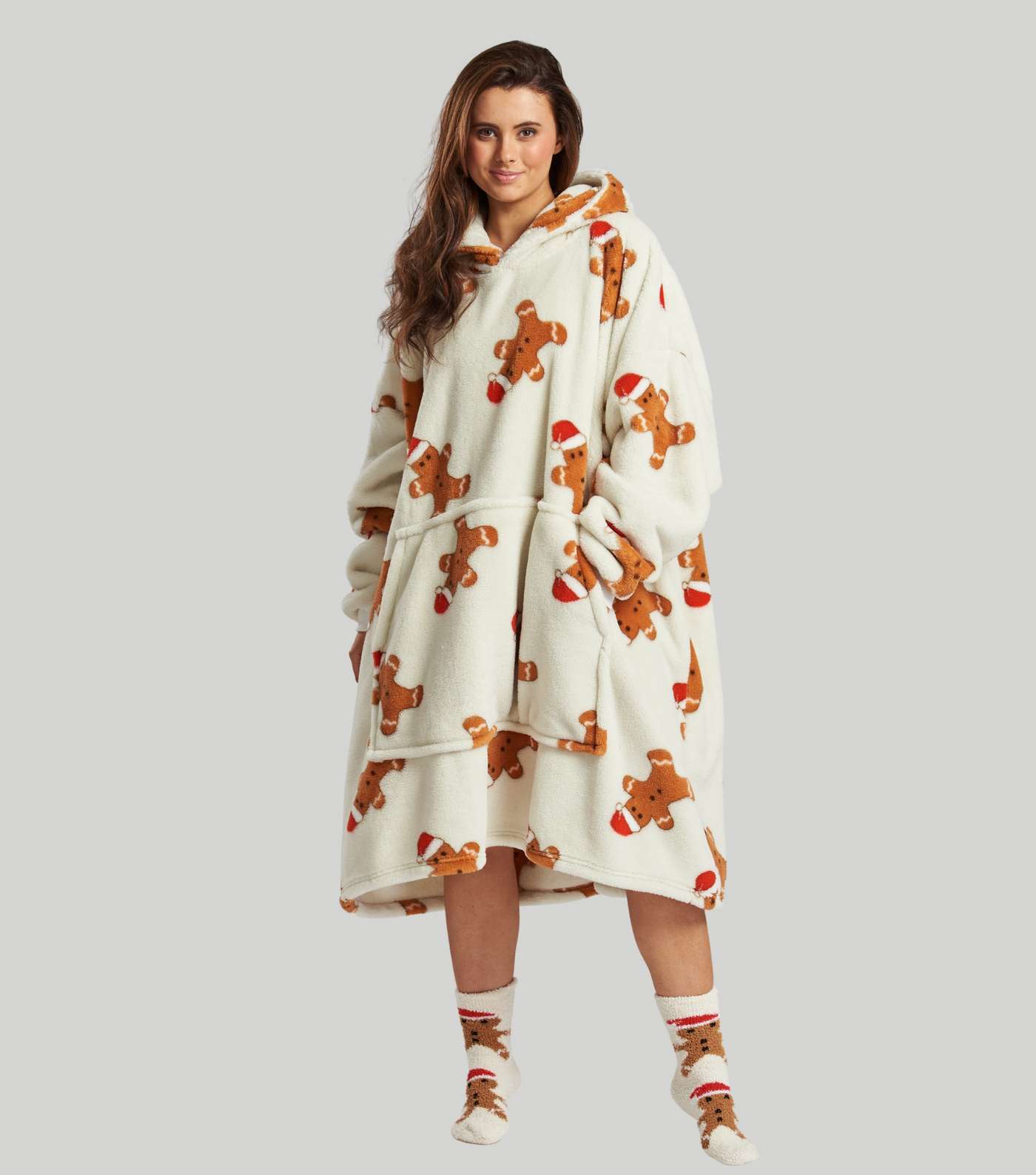 Loungeable Off White Gingerbread Print Fleece Blanket Hoodie Image 4