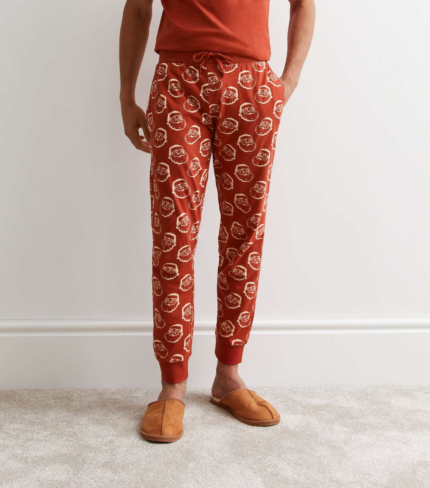 Red Cotton Cuffed Jogger Pyjama Set with Santa Print Image 4