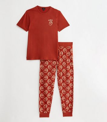 Men's Red Cotton Cuffed Jogger Pyjama Set with Santa Print New Look