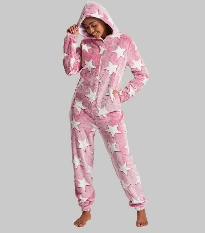 Loungeable Pink Star Fleece Hooded Onesie | New Look