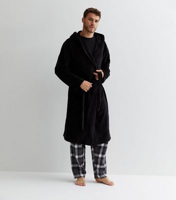 Black Fleece Hooded Dressing Gown New Look