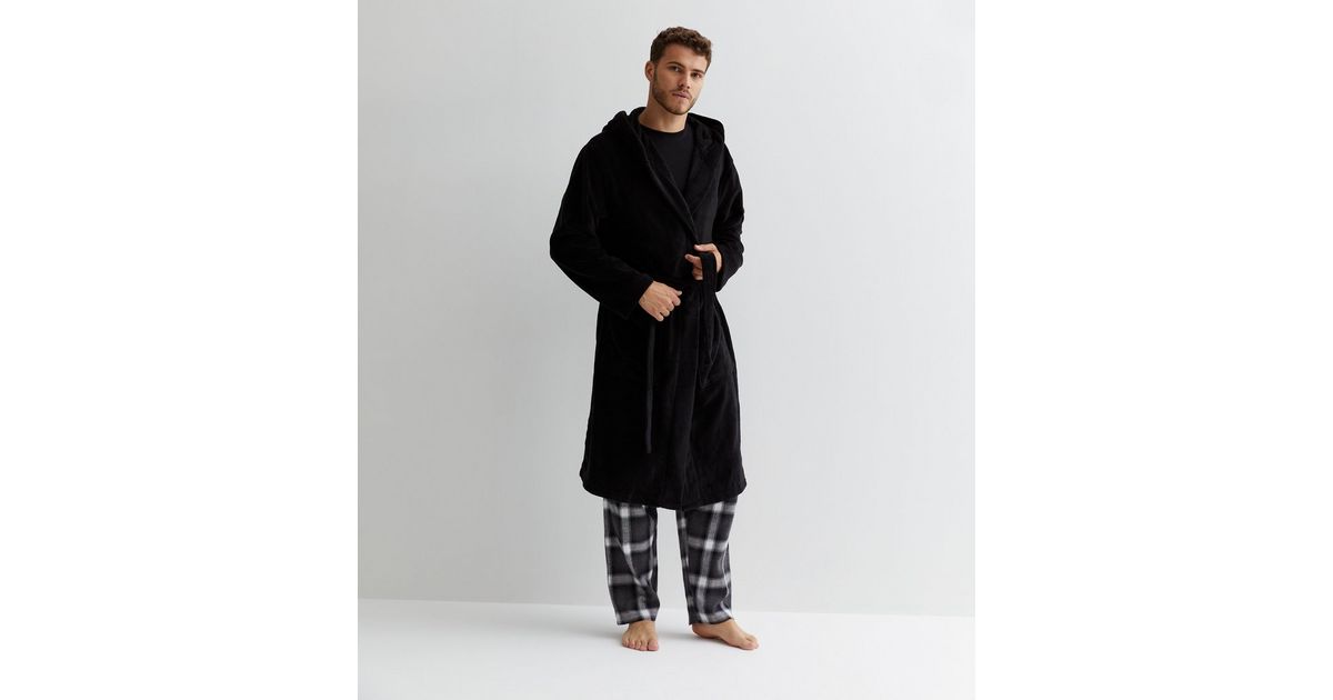 Black Fleece Hooded Dressing Gown New Look
