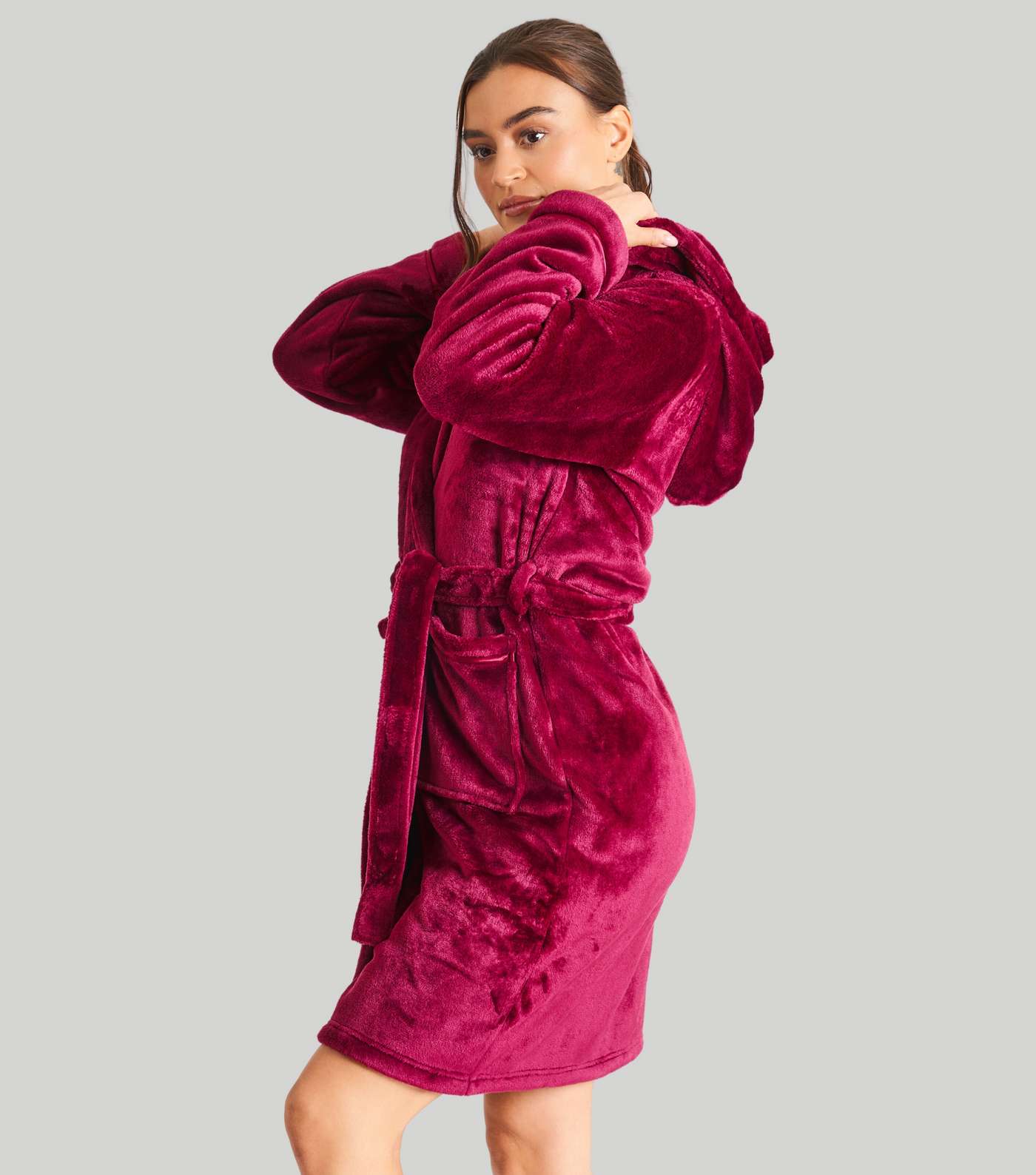 Loungeable Deep Pink Fleece Hooded Dressing Gown Image 3