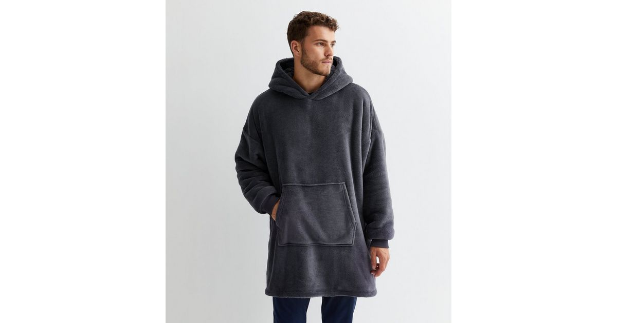 Dark Grey Fleece Blanket Hoodie New Look
