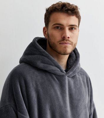 Dark Grey Fleece Blanket Hoodie New Look