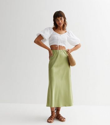 Gini London Light Green Satin Midi Skirt New Look