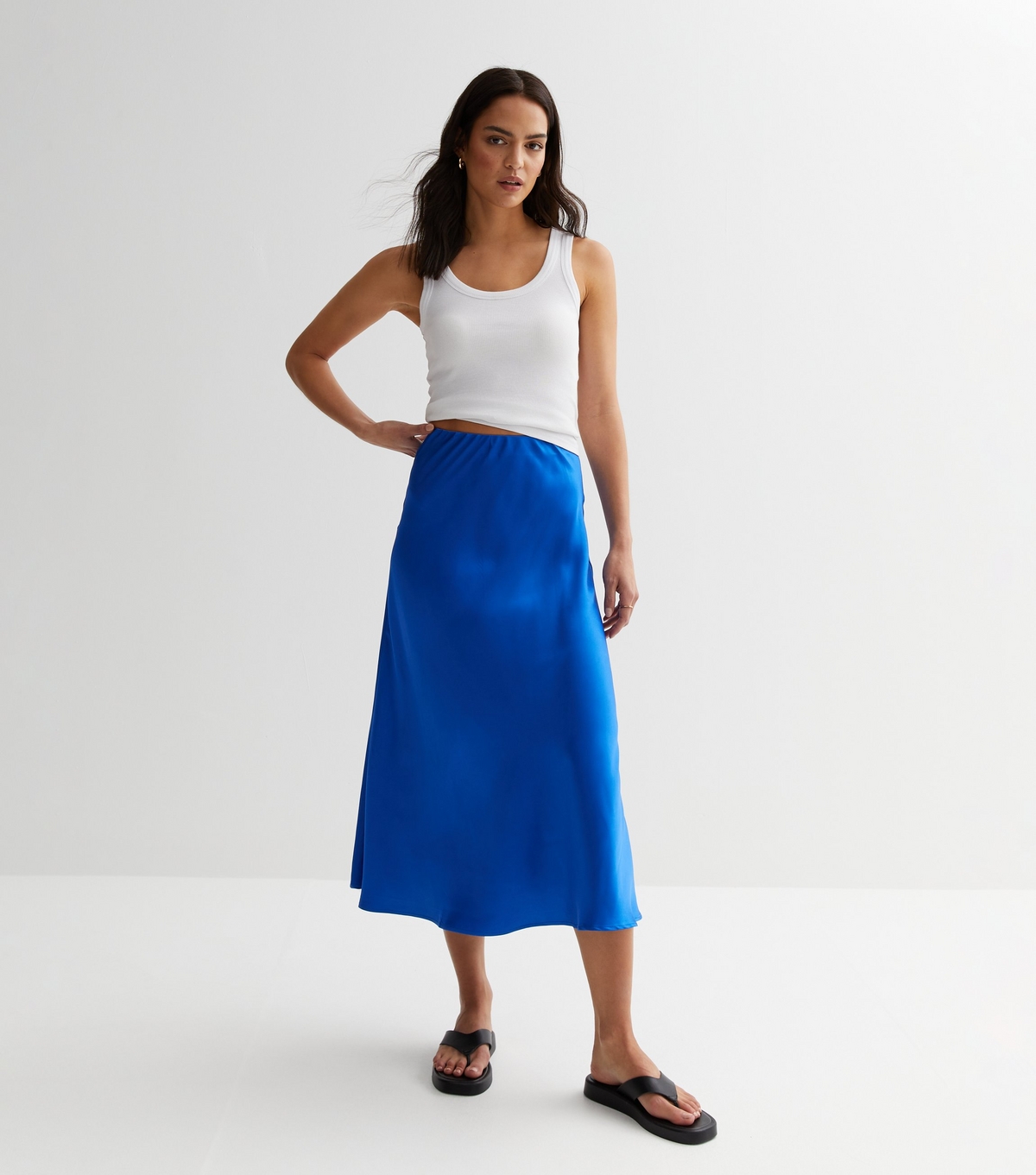 Women's Blue Satin Midi Skirt Gini London New Look