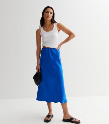 Gini London Blue Satin Midi Skirt New Look