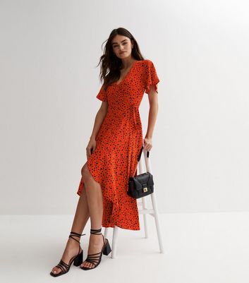 Red leopard store print frill dress