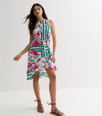 Cutie London Green Floral Stripe Asymmetric Mini Dress New Look