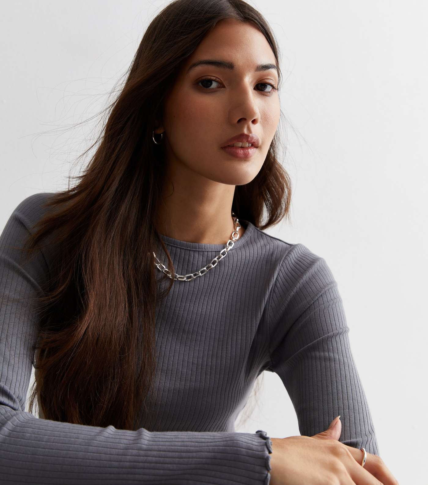 Pale Grey Ribbed Frill Long Sleeve Top
