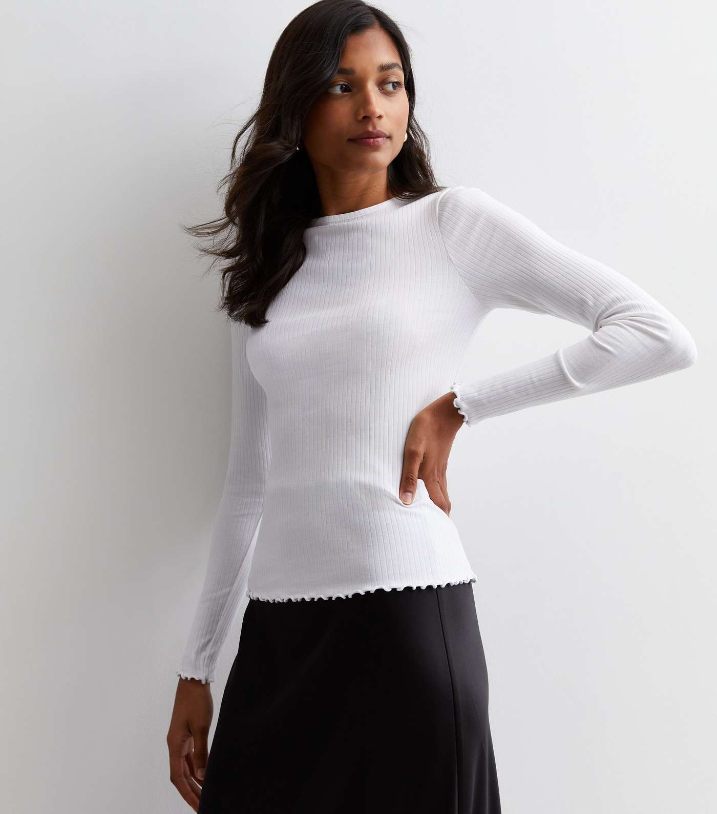 White Ribbed Frill Long Sleeve Top