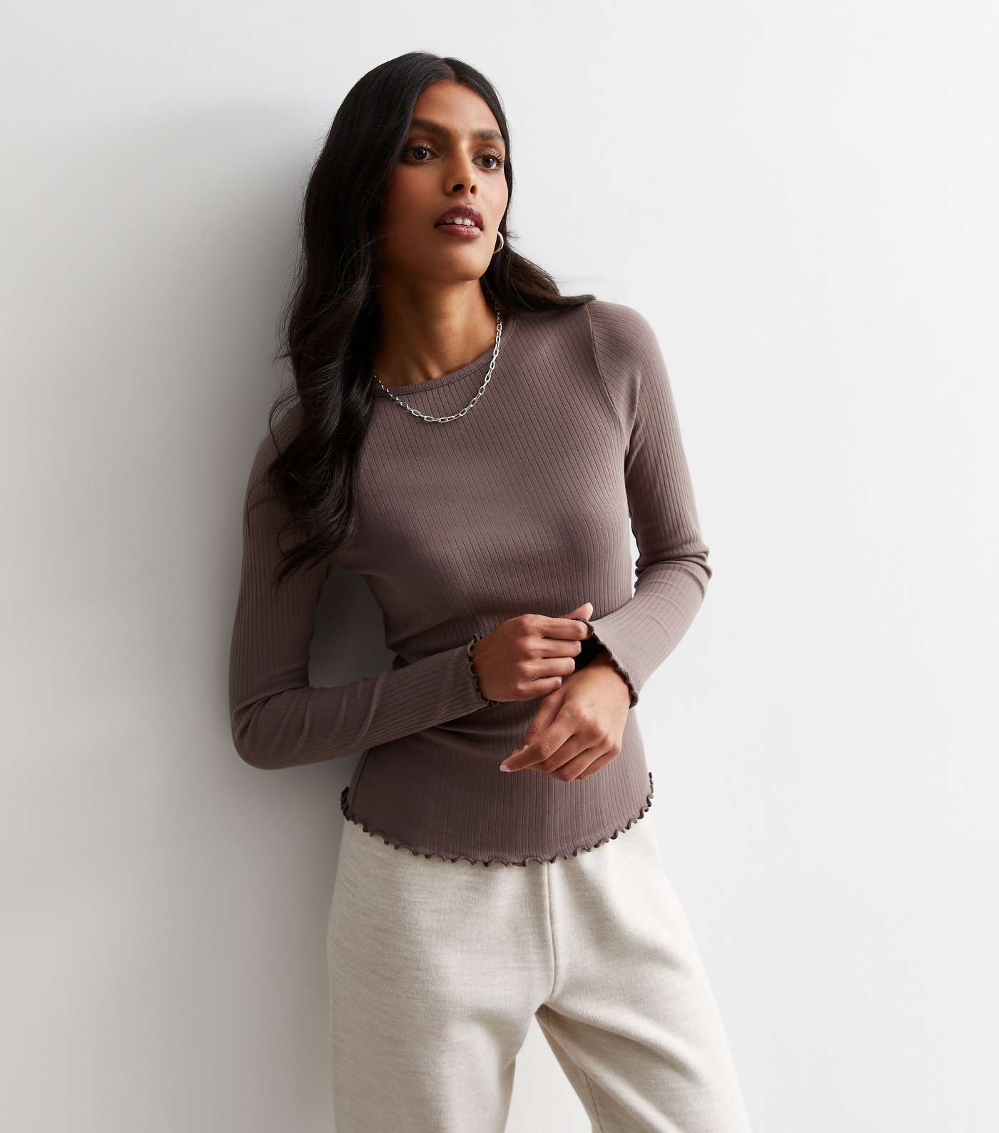 Mink Ribbed Frill Long Sleeve Top Image 3