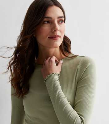 Light Green Ribbed Frill Long Sleeve Top