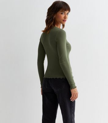 Khaki Ribbed Frill Long Sleeve Top | New Look