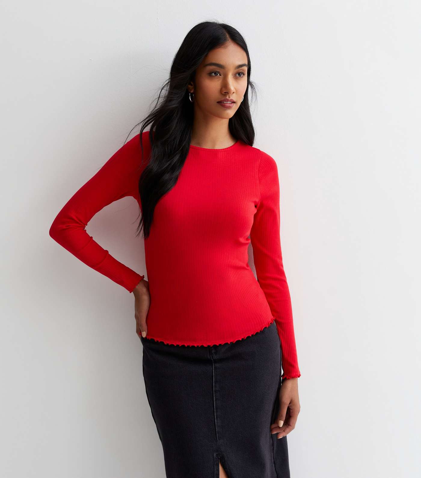 Red Ribbed Frill Long Sleeve Top Image 2