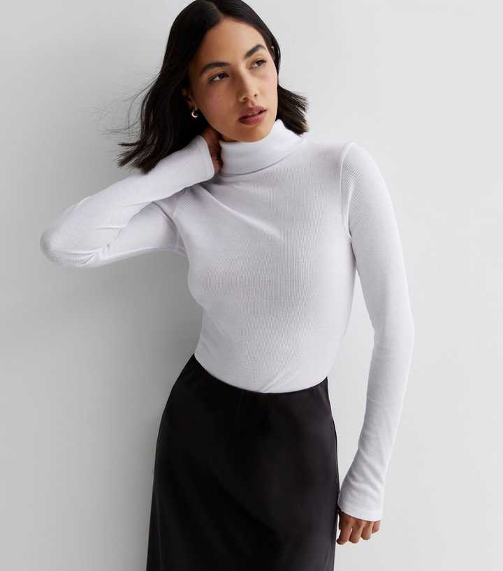 White Ribbed Roll Neck Top
