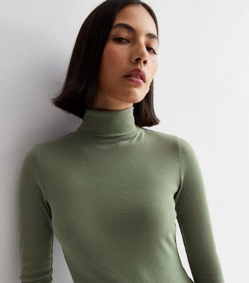 Khaki Ribbed Roll Neck Top New Look