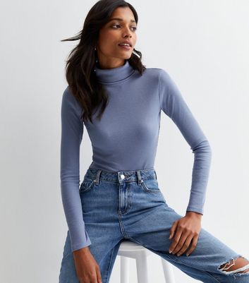 Blue Ribbed Roll Neck Top | New Look