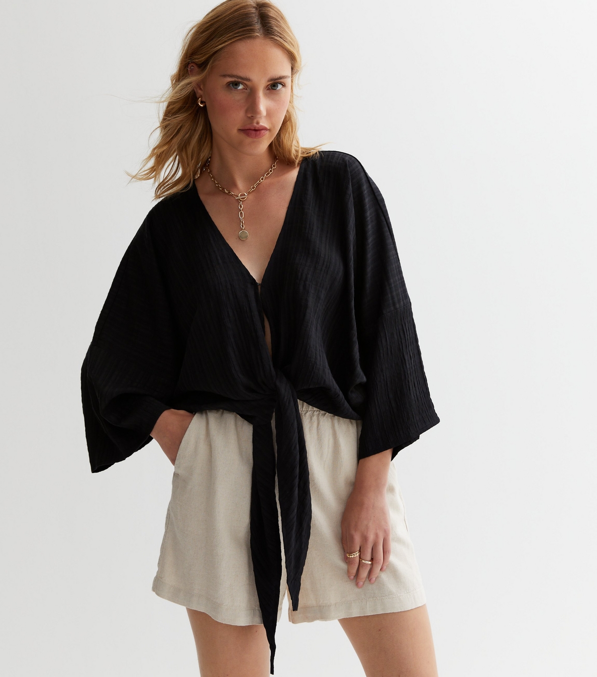 Women's Black Textured Tie Front Blouse New Look