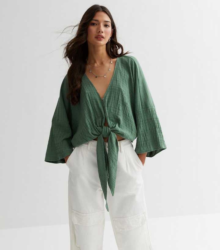 Khaki Textured Tie Front Blouse
