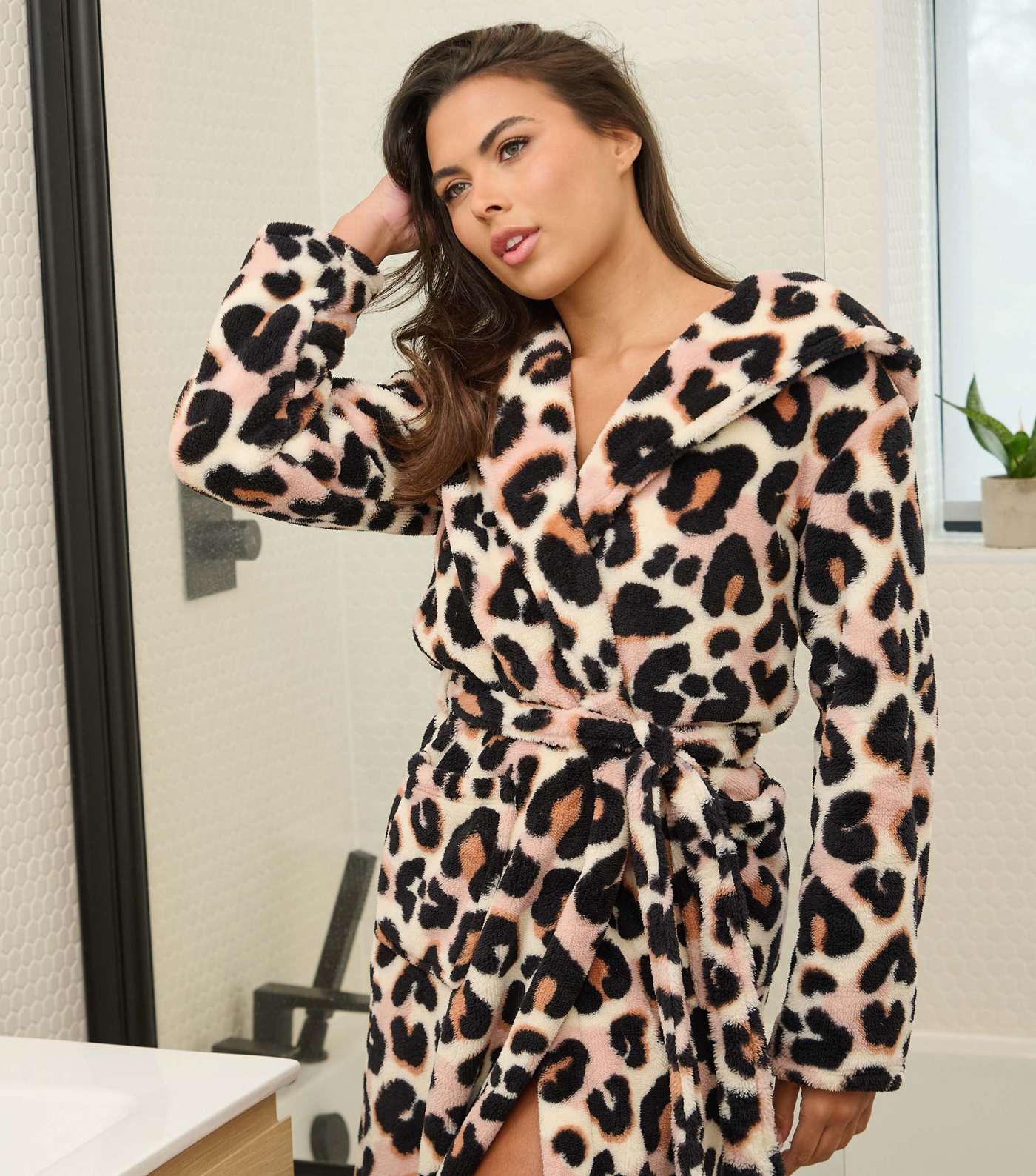 Loungeable Brown Leopard Print Hooded Dressing Gown Image 4