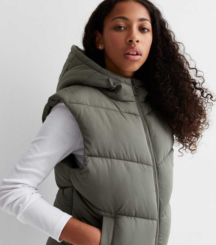 Girls Olive Hooded Puffer Gilet | New Look