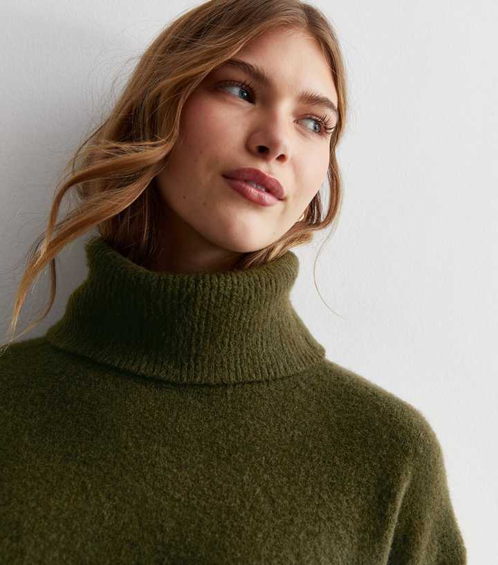 Khaki Knit Roll Neck Longline Jumper