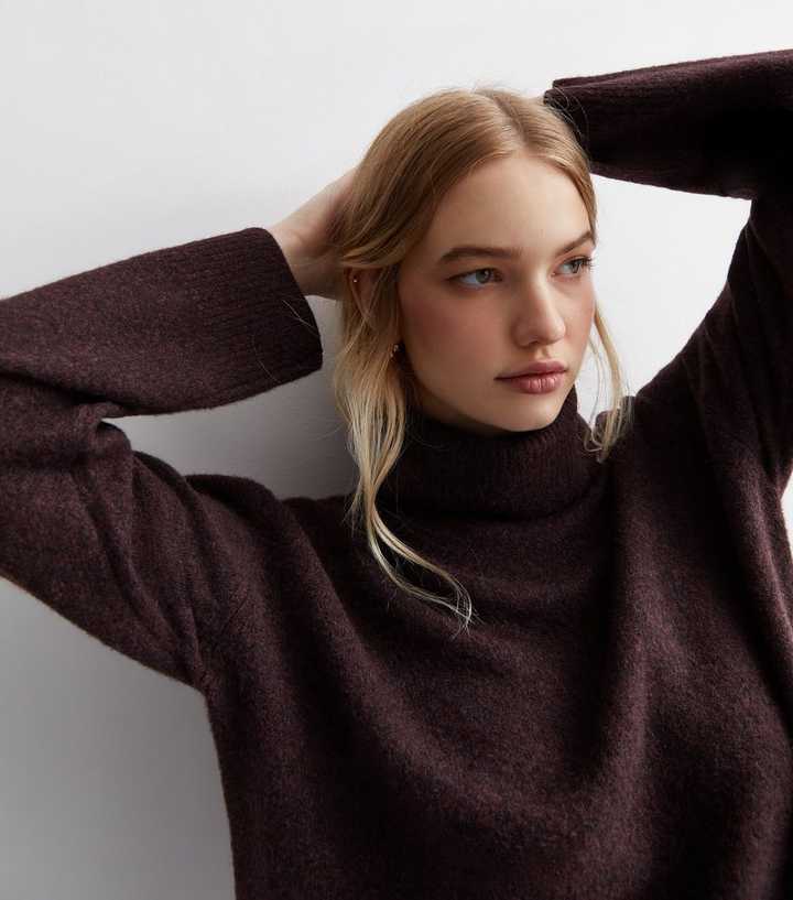 Burgundy Knit Roll Neck Longline Jumper