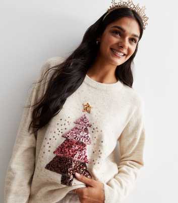 Off White Sequin Knit Christmas Tree Jumper