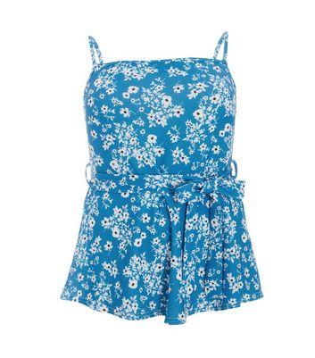 QUIZ Curves Pale Blue Floral Peplum Strappy Top New Look