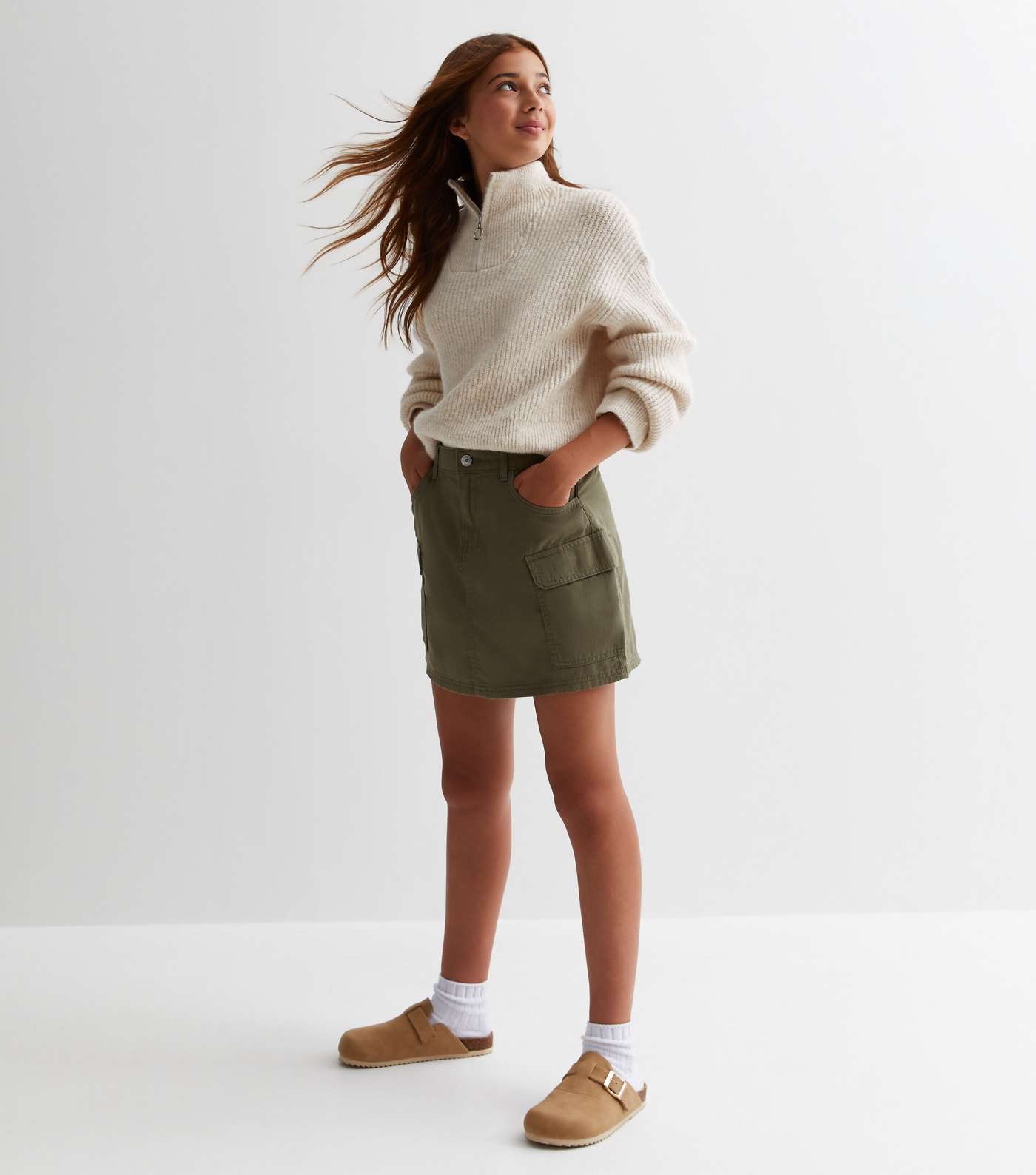 Girls Khaki Cotton Cargo Mini Skirt Image 3