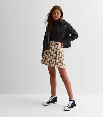 Girls Brown Check Pleated Buckle Mini Skirt