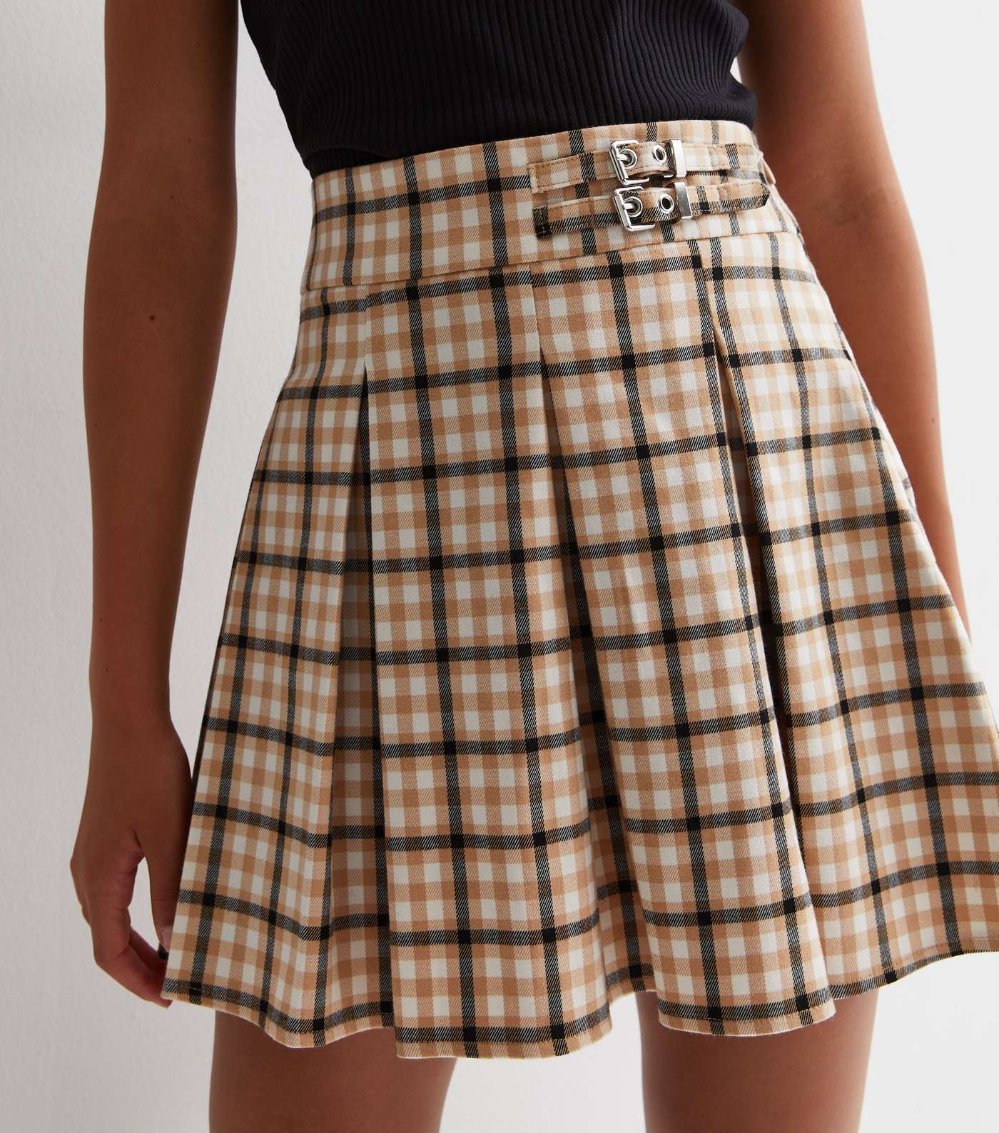 Girls Brown Check Pleated Buckle Mini Skirt Image 3