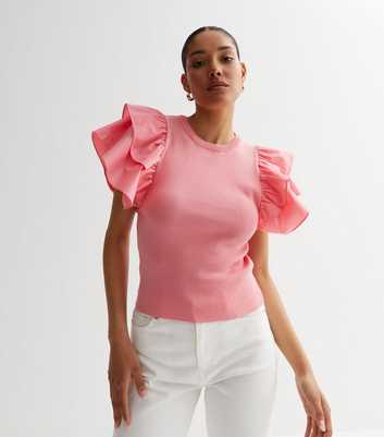 Cameo Rose Pink Ribbed Frill Sleeve T-Shirt 