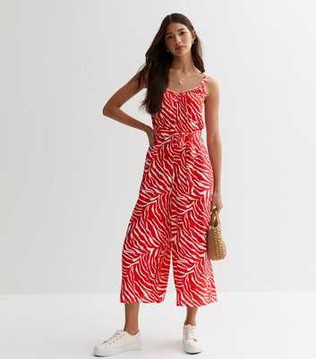 Red Zebra Print Belted Wide Leg Crop Jumpsuit