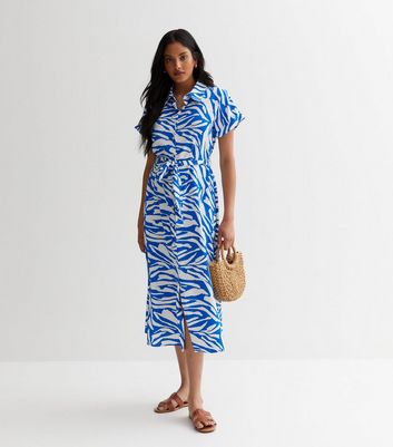 Blue Zebra Print Belted Midi Shirt Dress New Look