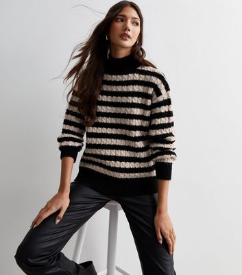 Black Stripe Cable Knit High Neck Jumper New Look