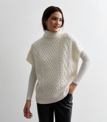 Off White Cable Knit Roll Neck Tabard New Look