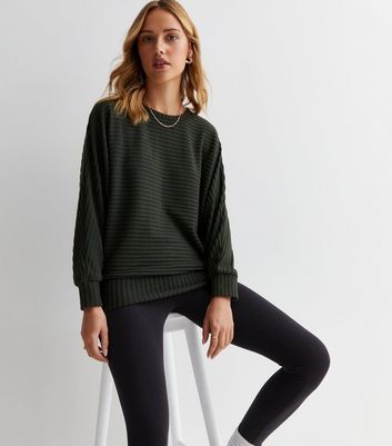 Dark Green Ribbed Deep Hem Batwing Top New Look