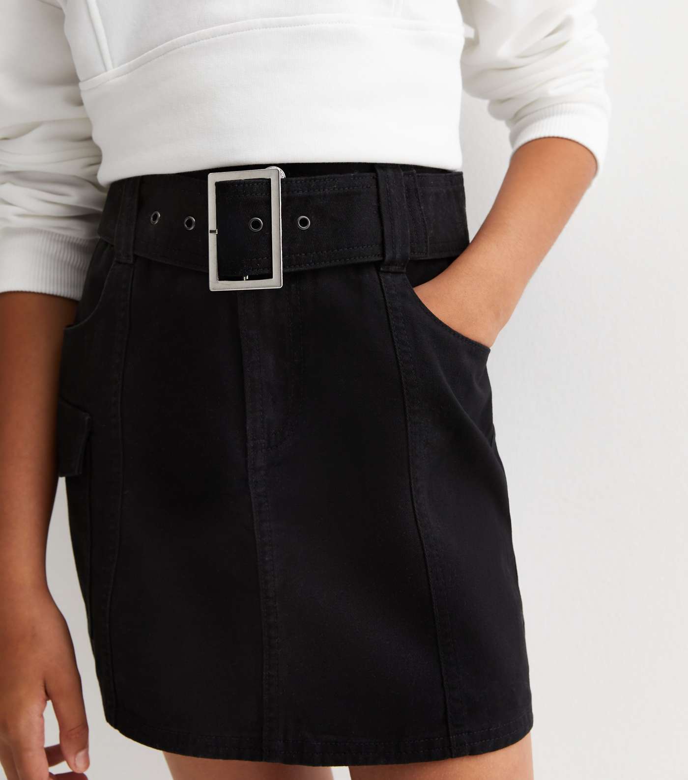Girls Black Wide Buckle Cargo Mini Skirt Image 2